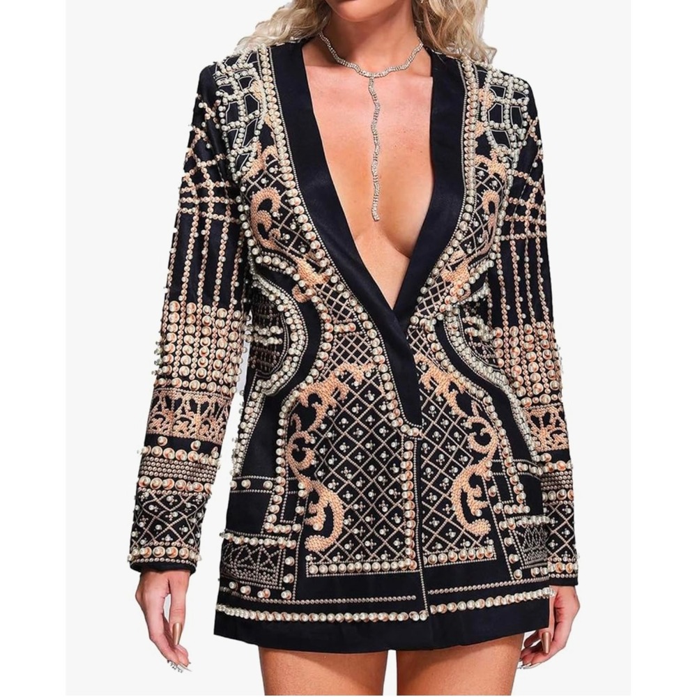 Embellished Black and Gold Mini Dress with Plunge Neckline